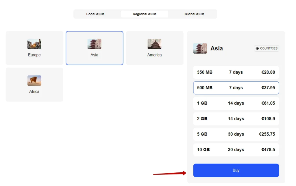 Choose eSIM mobile data country Desktop