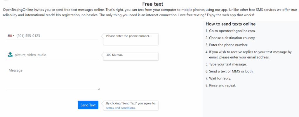 OpenTextingOnline.com main page